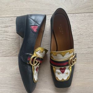 RARE gucci peyton heart heeled loafers in black multicolor leather size 37.5